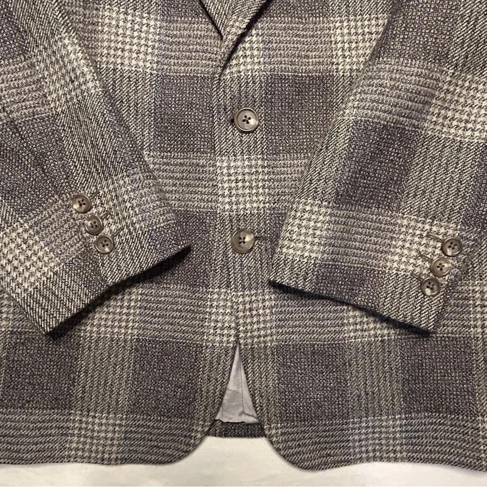 Vintage Neiman Marcus Gray Plaid Windowpane Blazer Sport Coat 43R Wool Tweed‎
